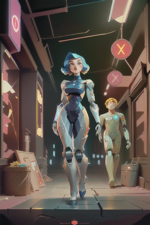 retrofuturism style, soft skin, wide, trending on artstation, concept art, illustration, oil on canvas, 1930s, cartoon strips, cinematic, professional photography, cyberpunk robot