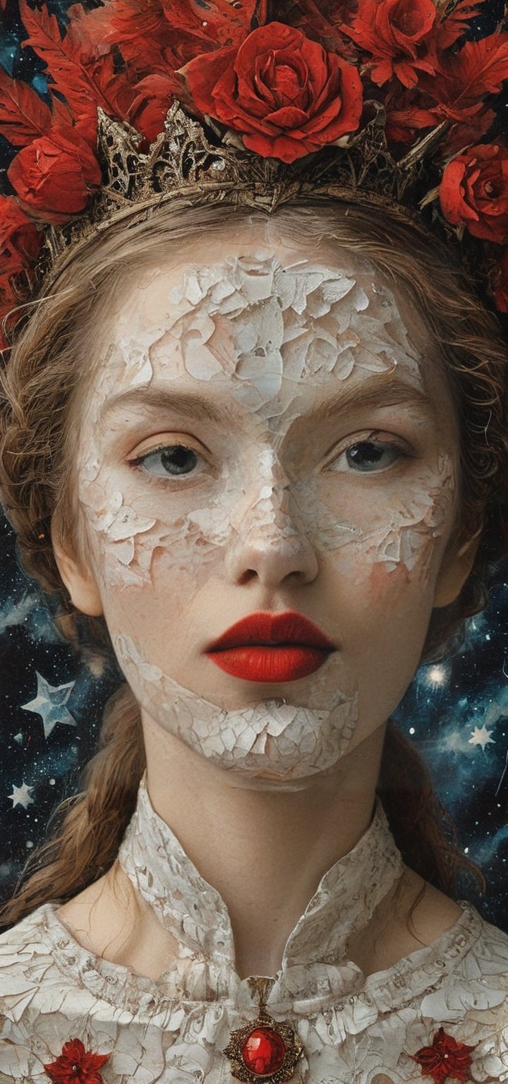 a close up of a woman a red lipstick, "Fractal Starscape" in melted paper style, 