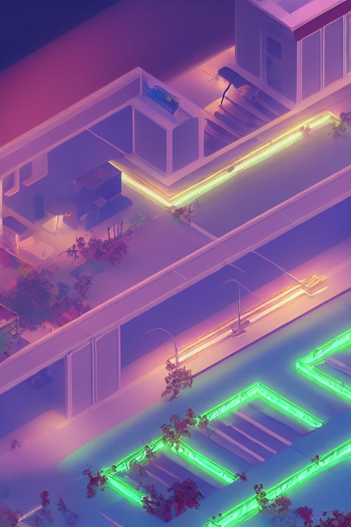 Neon_Isometric, (masterpiece) lovely gentle A nature view with its magnificent reality, the reflections are very high quality, the house details are clear and high quality, the unreal engine engine is used, the reflection details are very realistic and beautiful, the colors are very vivid, Isometric Neon Vaporwave Scene