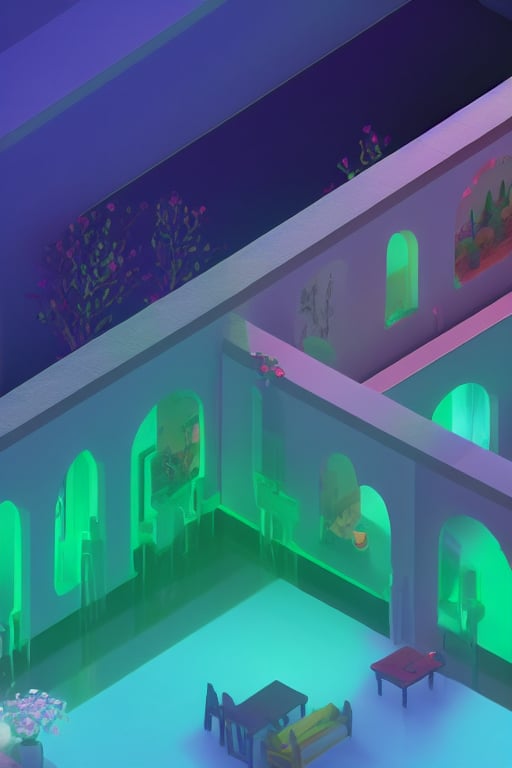 Neon_Isometric, (masterpiece) lovely gentle A nature view with its magnificent reality, the reflections are very high quality, the house details are clear and high quality, the unreal engine engine is used, the reflection details are very realistic and beautiful, the colors are very vivid, Isometric Neon Vaporwave Scene