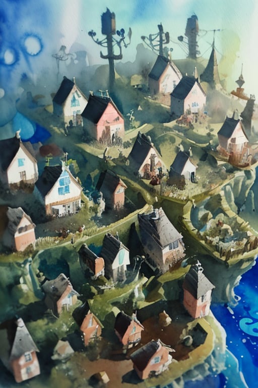 ridicules funny aerial view, village of cute tiny assorted houses, whimsical, fanciful in Studio Ghibli style, a stunningly detailed fluid watercolor painting by Jean Baptiste Monge, incorporating ink flow, calligraphy, acrylic, Chinese ink, and color art, styled in Art Nouveau,