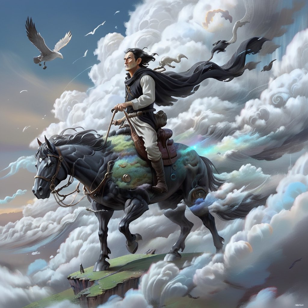 a drawing of a man riding on top of a cloud horse, concept art inspired by Miyazaki, Artstation contest winner, conceptual art, posuka demizu, moebius + loish + wlop, ghibli moebius, ((black and white movie style)), retro, 1960s, grayscale layers, (impressionist paintings), (Monet style), (((highly dynamic))), big movements, (((Ghibli style))), Spirited Away, Howl's Moving Castle, dreamy colour palette, 