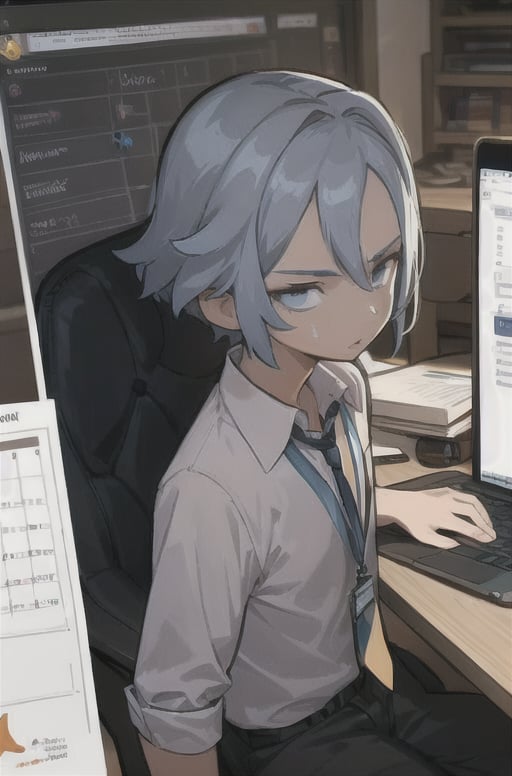 A boy has an intense and focused expression, with furrowed brows and narrowed eyes, deep concentration. He dresses in a business suit, with a laptop for a digital worker, sitting in an attentive posture, Surround him with dynamic motion lines, including props like a checklist, clock, or calendar, to illustrate their focus on meeting deadlines and achieving goals,  Incorporate thought or speech bubbles with relevant work-related emoticons such as checkmarks, lightbulbs, or gears.