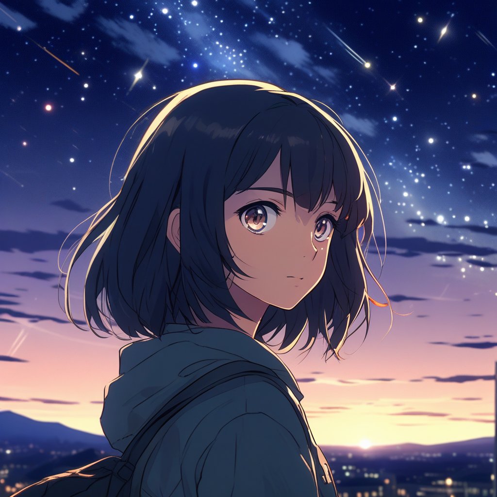 1girl, casual outfit, outdoors, looking at viewer, medium hair, close view,starry sky, sky, night,midjourney,anime