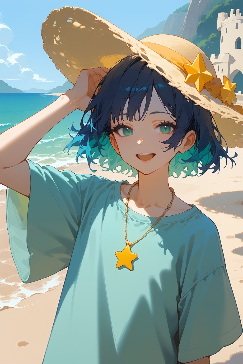 score_9,score_8_up,score_7_up,source_anime,(long eyelashes,soft lips),BREAK 1girl,solo, cowboy shot,open mouth , standing, smile , teeth,hand on head,
dark blue hair ,short wavey hair,green shirt, necklace,summer hat , oversized clothes, flat chest,pants,
(Sand ,beach , parasol,star fishes , sand castle),IncursioDipDyedHair,aqua IncursioDipDyedHair