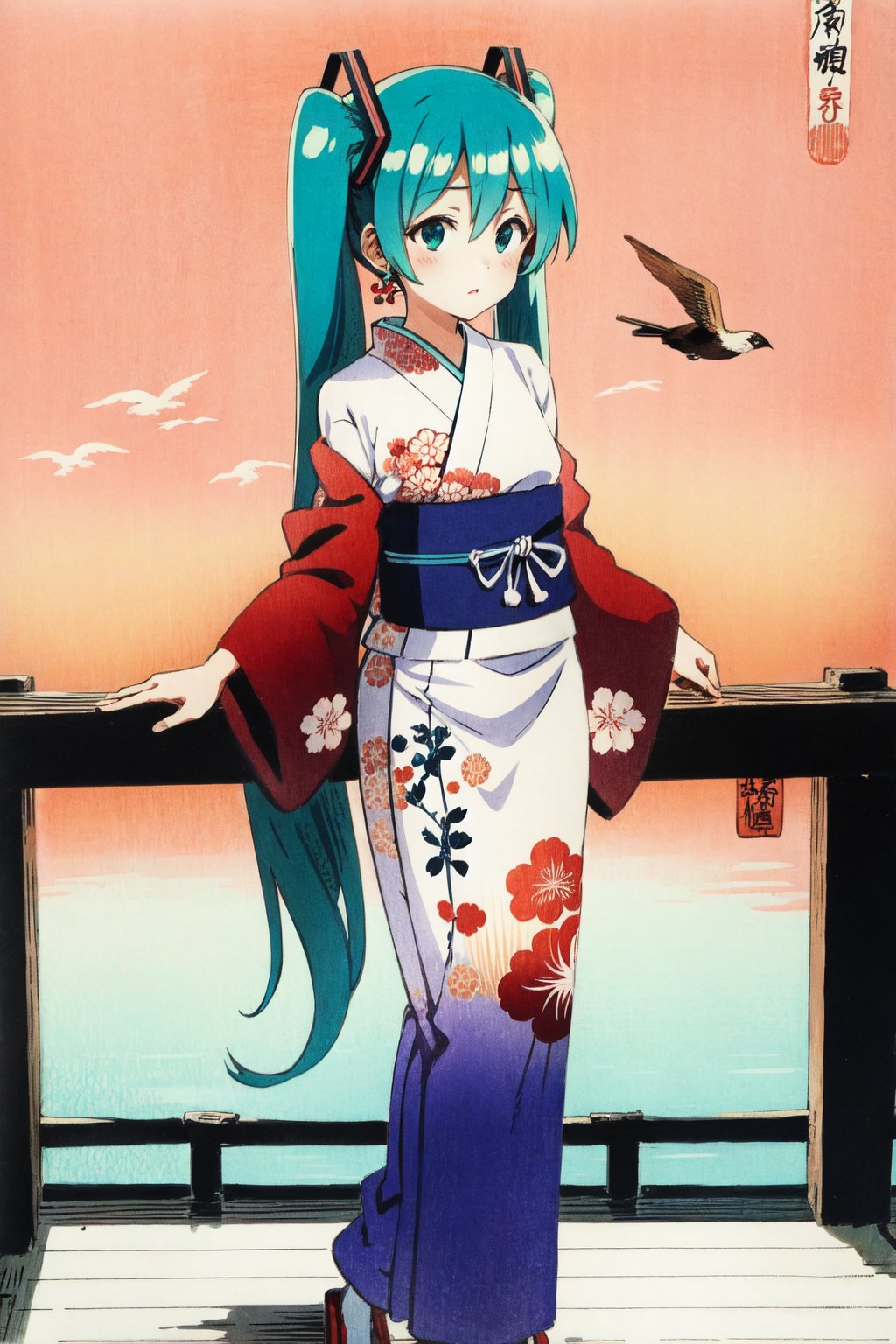 ohara koson, traditional media, ukiyo-e, 1girl, hatsune miku, yukata with bird print, traditional media