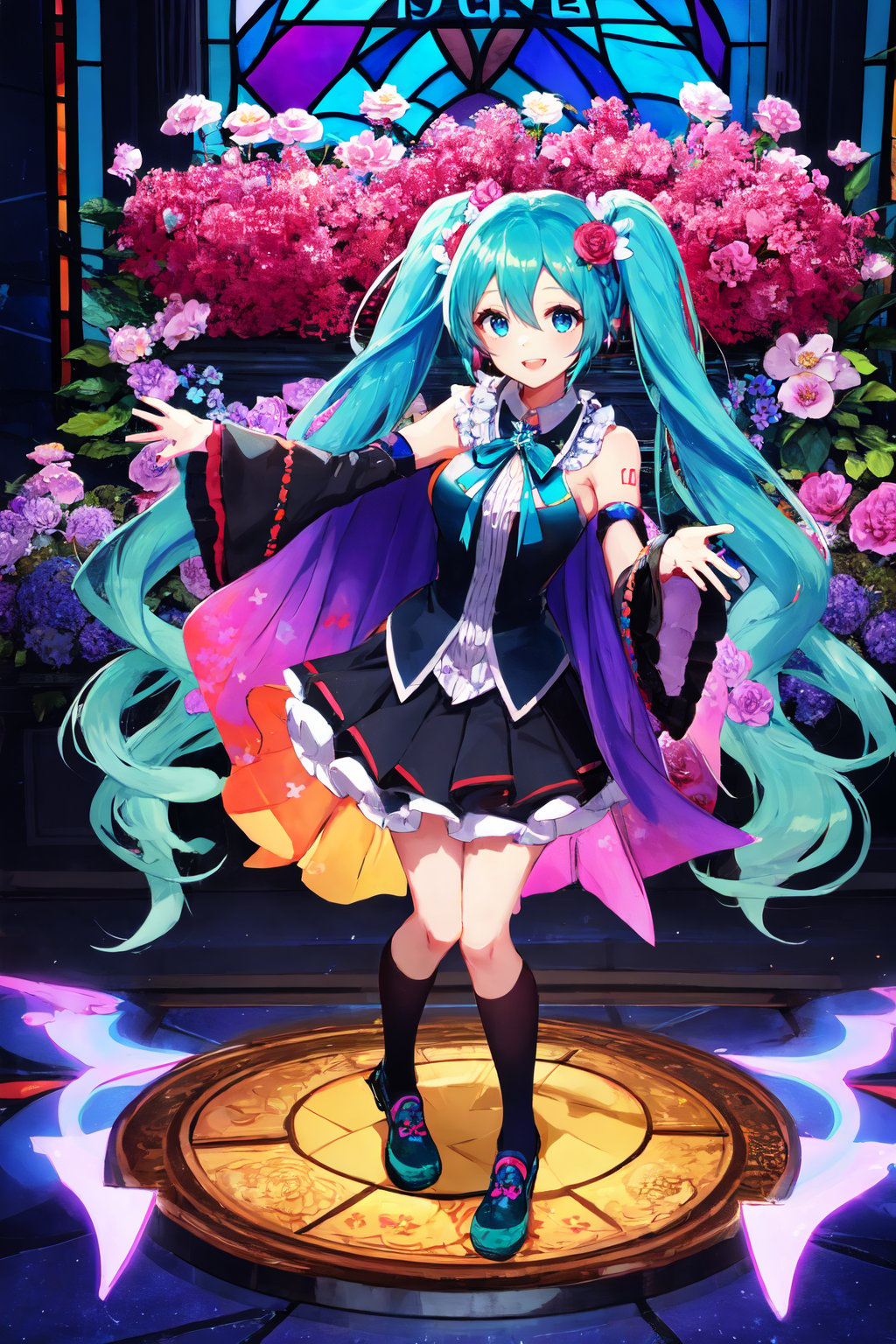 blacklight, magical mirai miku, flower, long hair, hair ornament, hatsune miku, hair flower, very long hair, 1girl, twintails, braid, ribbon, white flower, solo, orange flower, yellow flower, aqua ribbon, twin braids, wide sleeves, green flower, dress, full body, striped ribbon, neck ribbon, stained glass, cape, hair between eyes, looking at viewer, blue hair, black dress, holding, smile, petals, white socks, blue flower, black skirt, aqua hair, skirt, socks, medallion, purple flower, two-sided fabric, blue eyes, rose, black background, aqua eyes, bangs, pink flower, red flower, star (symbol), absurdly long hair, long sleeves, green ribbon, brooch, frills, hair ribbon, parted lips, rainbow, yellow rose, pleated skirt, detached sleeves, pink cape, cable, holding microphone, blue ribbon, open mouth, microphone, dress flower, low twin braids, frilled sleeves