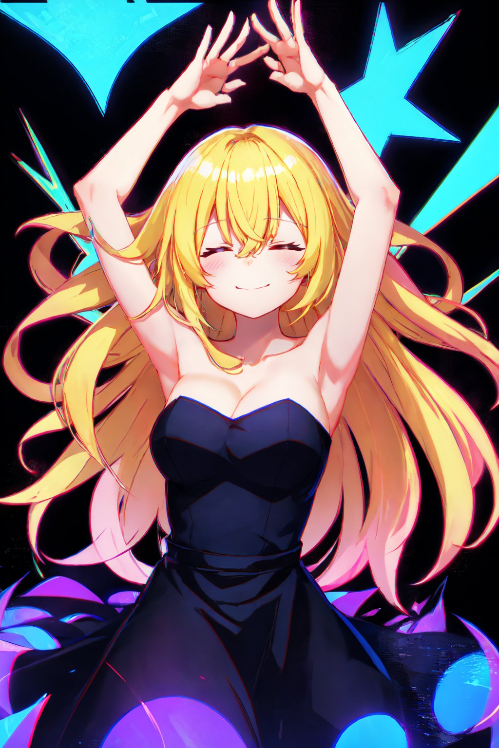 blacklight, chromatic aberration, 1girl, long hair, solo, dress, closed eyes, black dress, strapless, hair between eyes, closed mouth, armpits, strapless dress, bare shoulders, bangs, blonde hair, breasts, very long hair, facing viewer, arms up