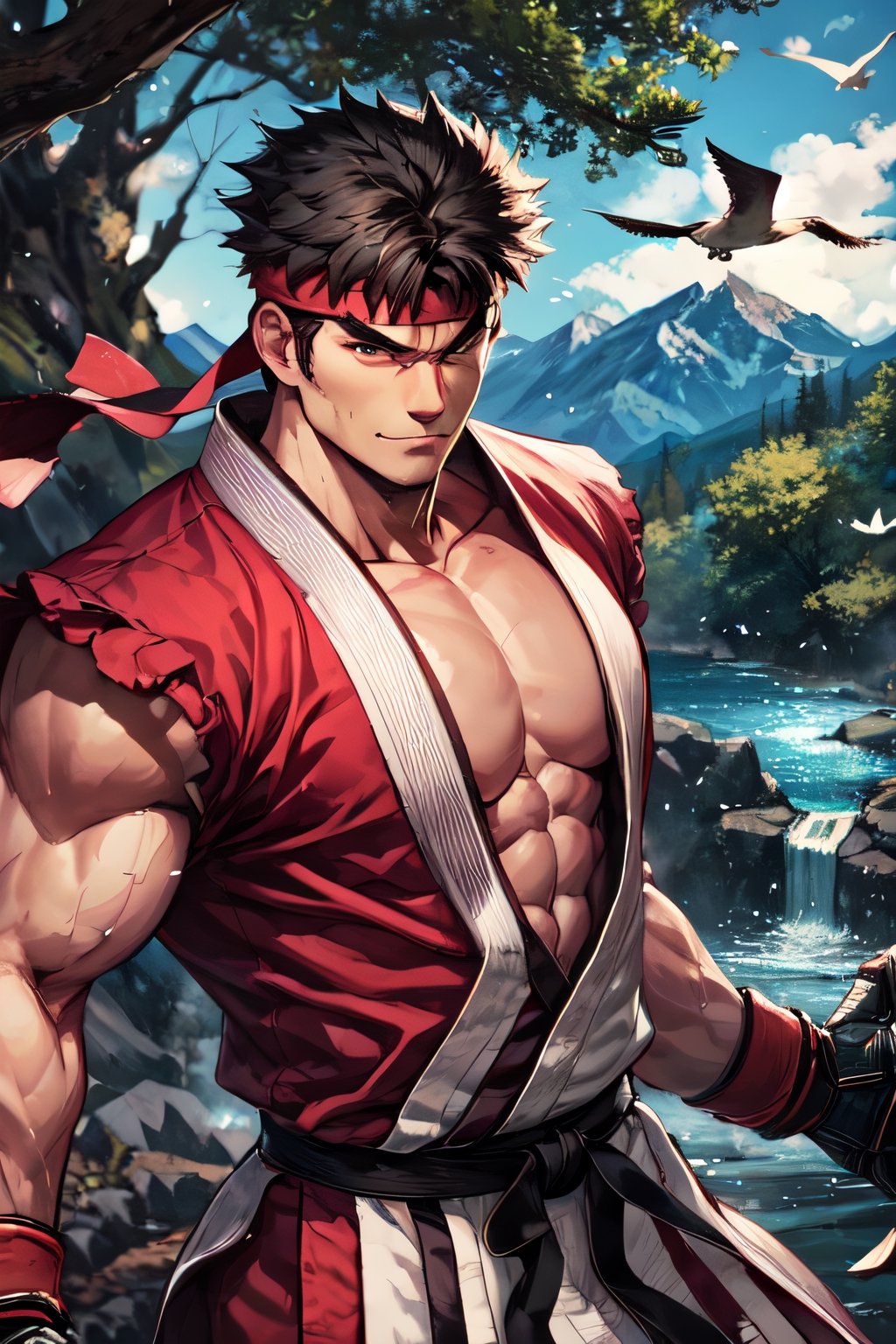 sfr1v, facial portrait, sexy stare, smirked, fighting stance, mountains, birds, trees, waterfall, hodoken