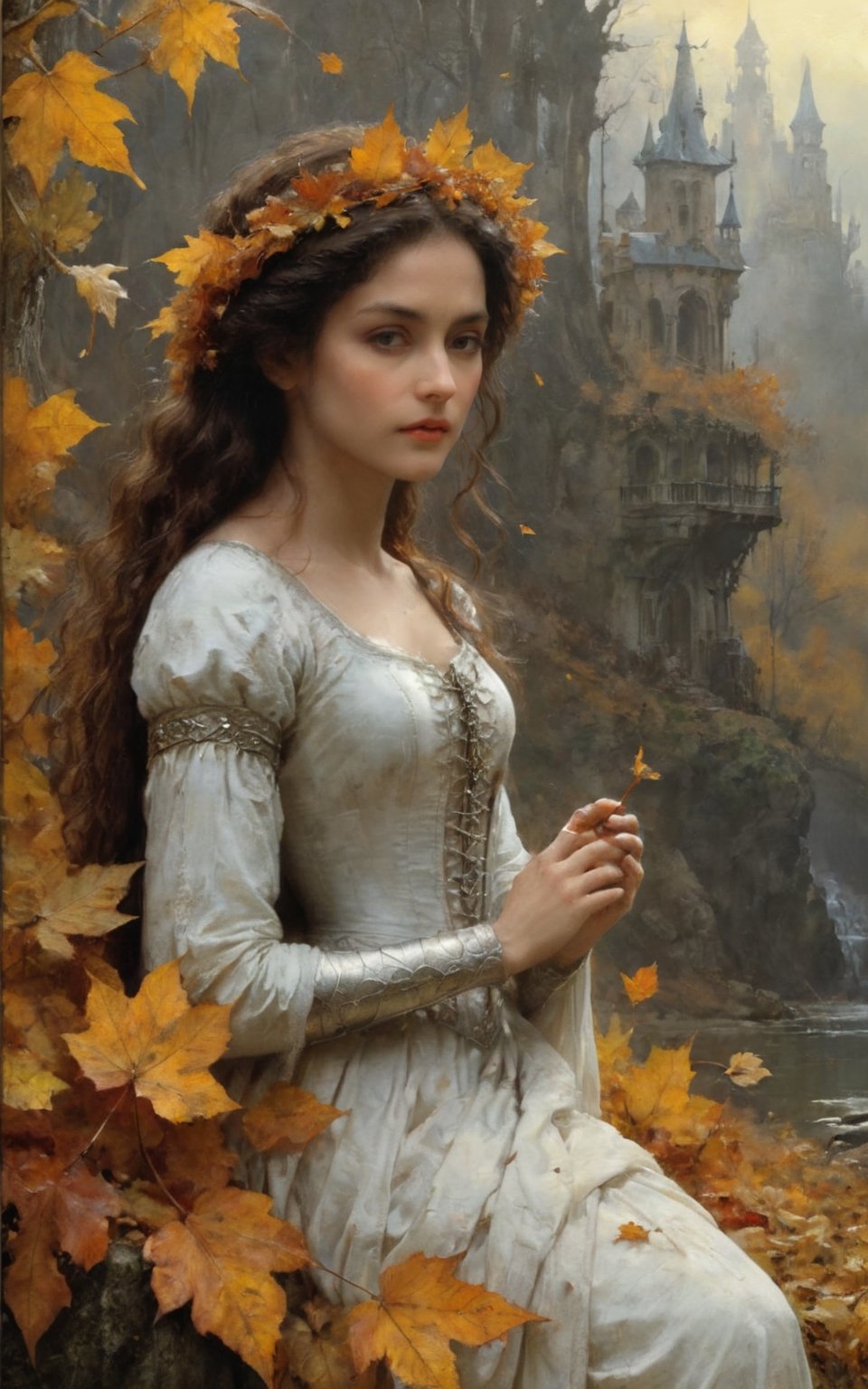 The autumn bride. A beautiful woman dressed in the colors of autumn, yellow, brown and rust-colored leaves. A Epic art Illustration by Jean-Baptiste Monge and Alan Lee paint style, created a award-winning painting with incredible details. Superior and unique Fantasy Art paint illustrations, stunning fantasy scene features, center the scene, crisp quality, sharp focus, old clotes, forest, medieval, old metal, rust, fine art, beautiful, awesome fantasy,  intricate, sharp focus, fairytale illustration, highly detailed, digital art, concept art, epic movie 8k, epic pose, posters. Unreal engine 5 rendering 4k., black and white still, digital Art, perfect composition, beautiful detailed intricate insanely detailed octane render trending on artstation, 8 k artistic photography, photorealistic concept art, soft natural volumetric cinematic perfect light, chiaroscuro, award - winning photograph, masterpiece, oil on canvas, raphael, caravaggio, greg rutkowski, beeple, beksinski, giger