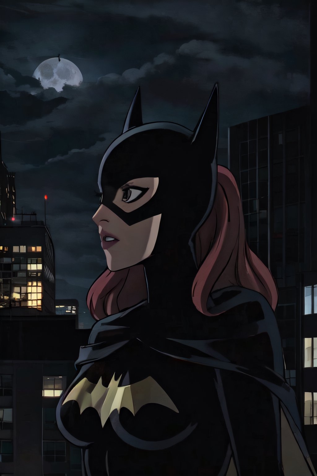 Batgirl, facial portrait, sexy stare, smirked, jumping from building, city below, cloudy sky, lightning, full moon, bats flying,  