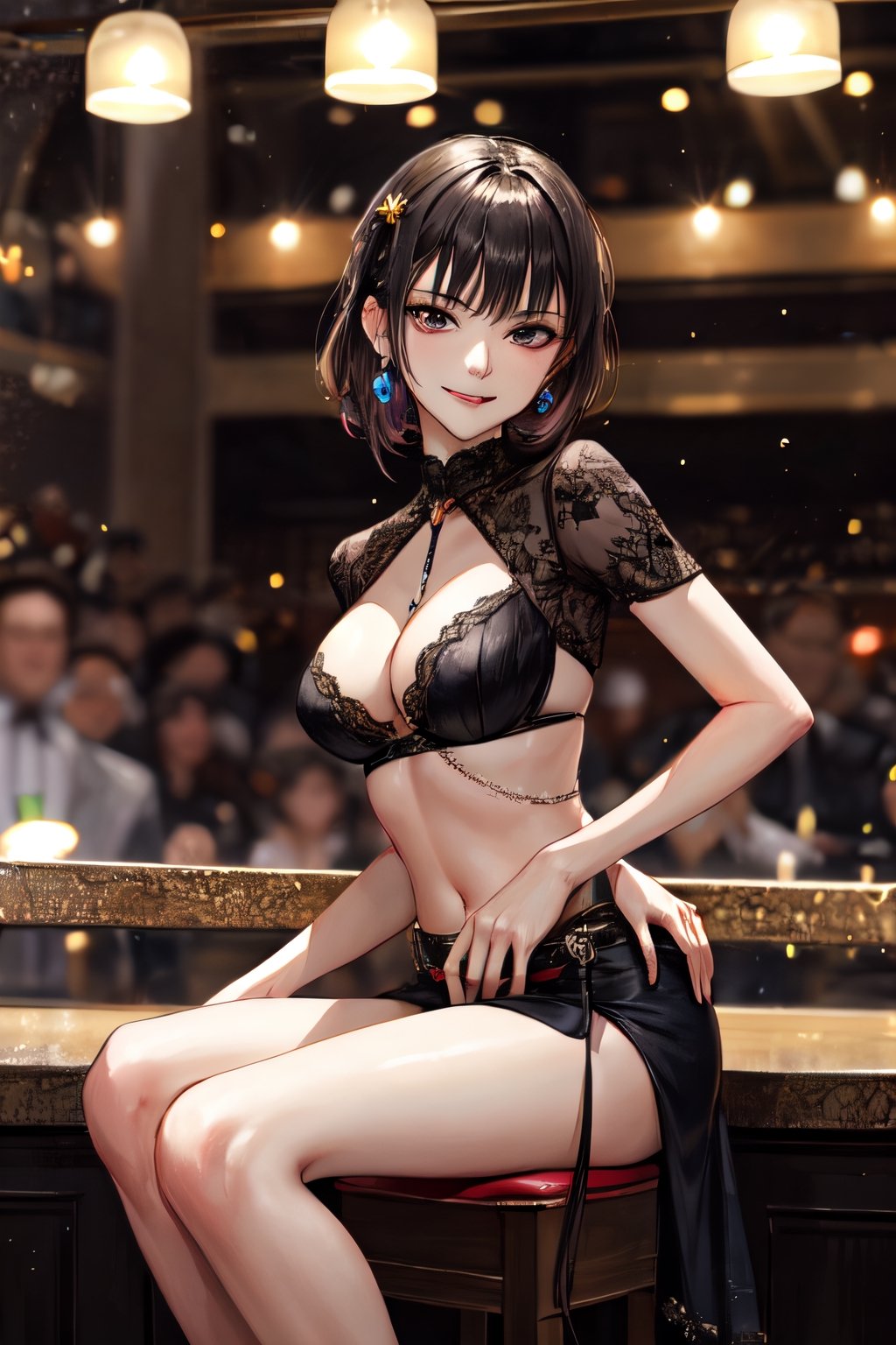 sks woman, facial portrait, sexy stare, smirked, ballroom, lights, crowds, sitting on a stool, 