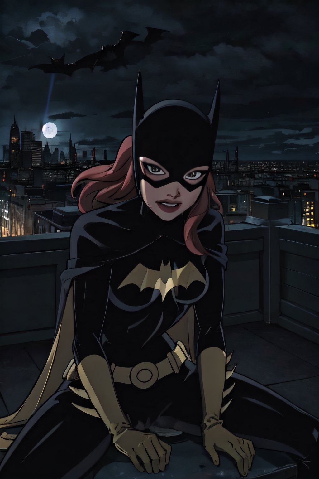 Batgirl, facial portrait, sexy stare, anal portrait, Spreading legs, on top of building, city below, cloudy sky, lightning, full moon, bats flying, smiling 