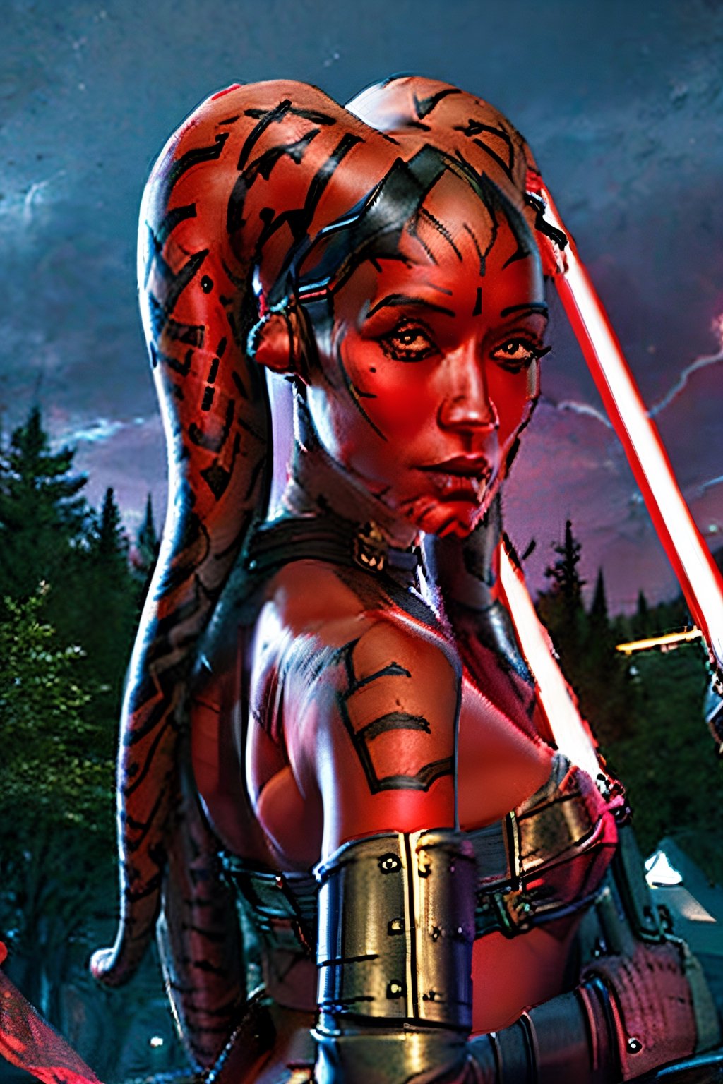 DarthTalon, facial portrait, sexy stare, smirked, dark forest, cloudy sky, lightning, ,Twilek, red light saber on hand, butt shot ,Colored Skin,light_saber