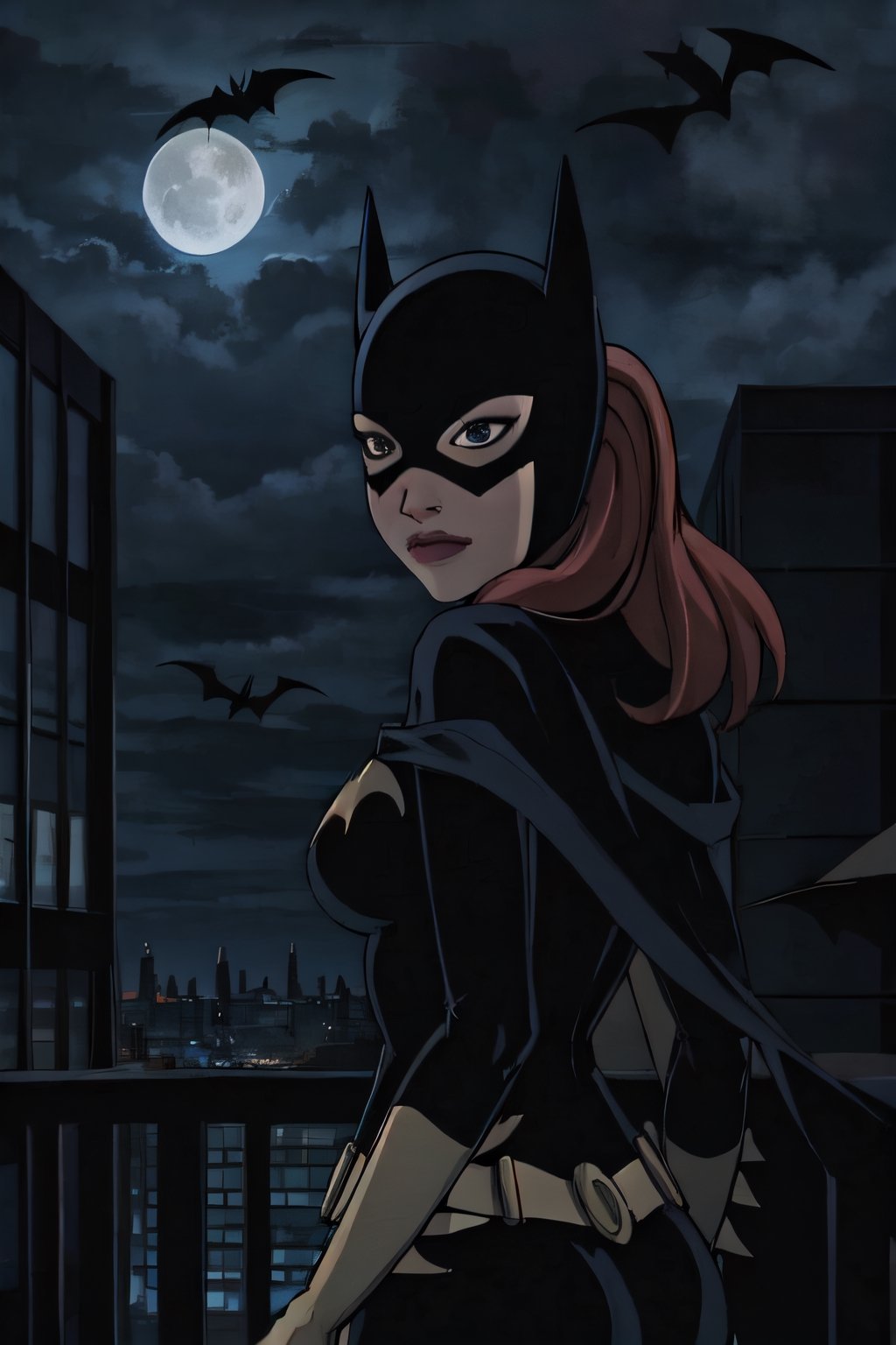 Batgirl, facial portrait, sexy stare, smirked, on top of building, city below, cloudy sky, lightning, full moon, bats flying, butt shot 