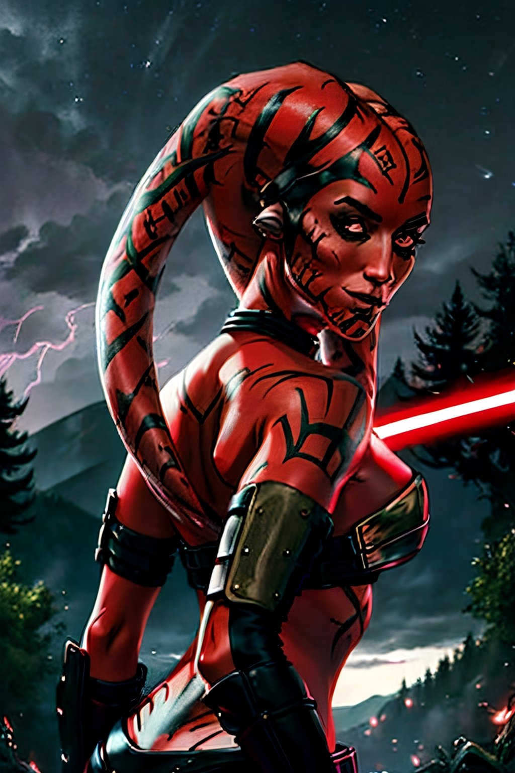 DarthTalon, facial portrait, sexy stare, smirked, dark forest, cloudy sky, lightning, ,Twilek, butt shot, red light saber on hand,