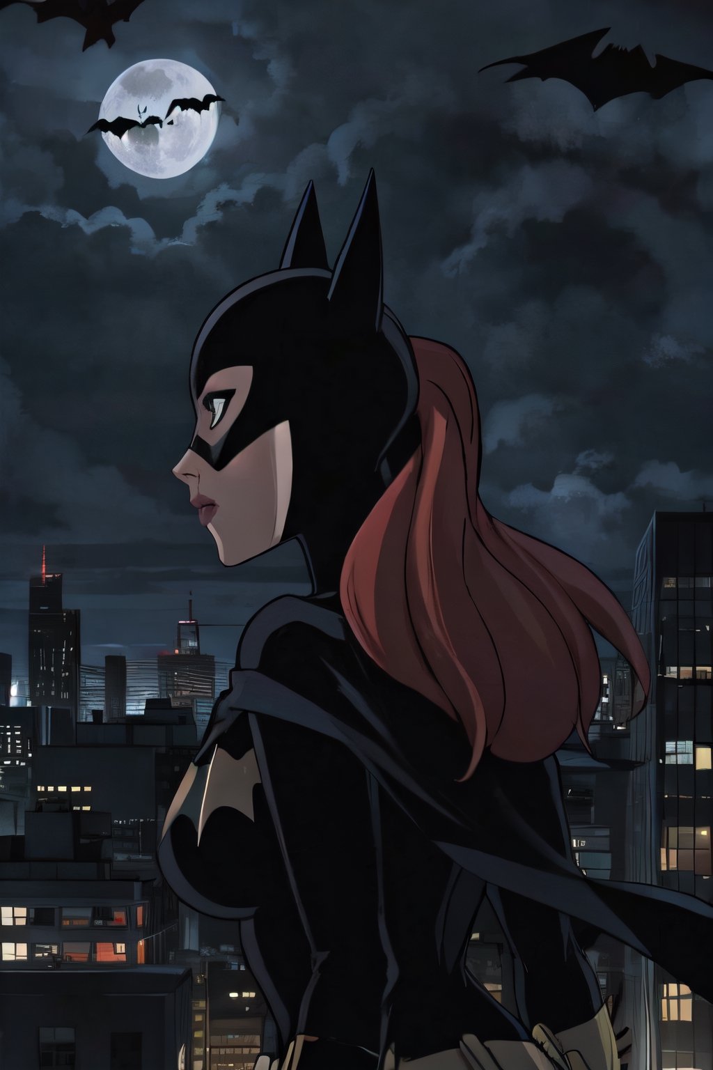 Batgirl, facial portrait, sexy stare, smirked, on top of building, city below, cloudy sky, lightning, full moon, bats flying, butt shot 