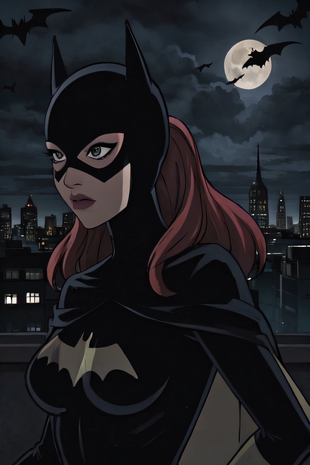 Batgirl, facial portrait, sexy stare,  on top of building, city below, cloudy sky, lightning, full moon, bats flying, 