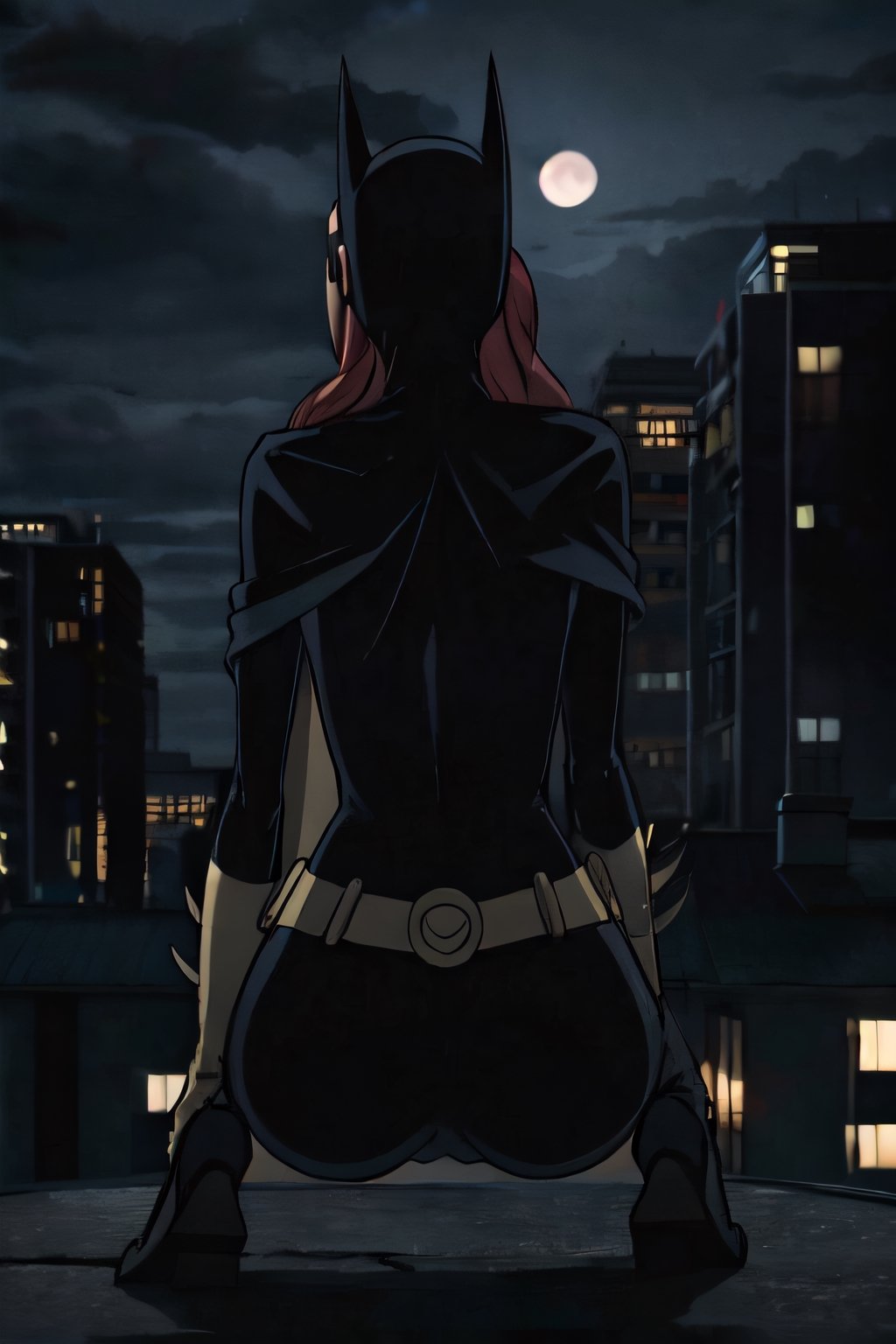 Batgirl, naked, facial portrait, sexy stare, anal portrait, Spreading legs, on top of building, city below, cloudy sky, lightning, full moon, bats flying, riding sex scene, from behind 