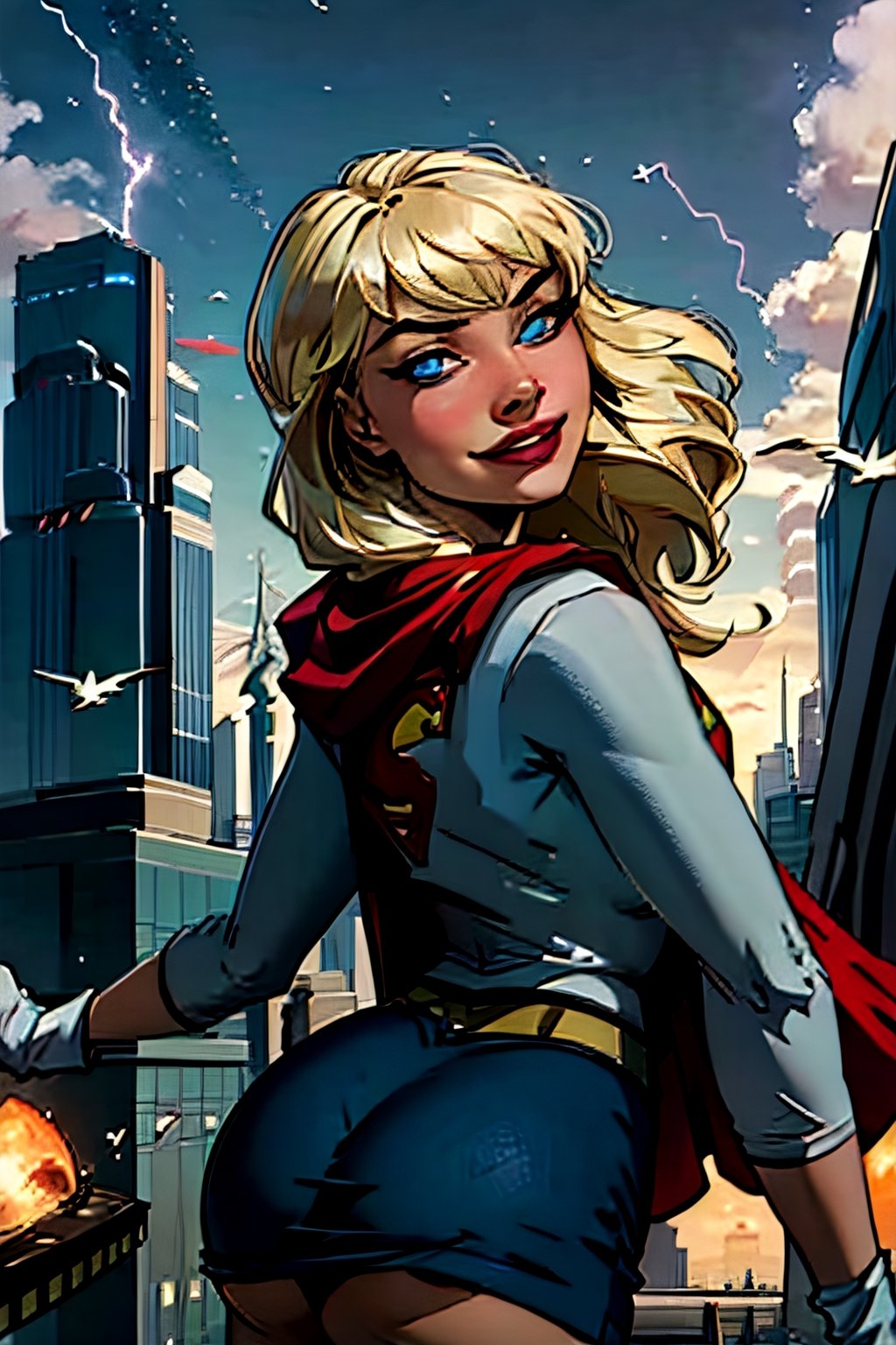 Supergirl,  facial portrait, sexy stare, smirked, flying through the sky, city below, cloudy sky, lightning, birds, planes, asteroids, butt shot 