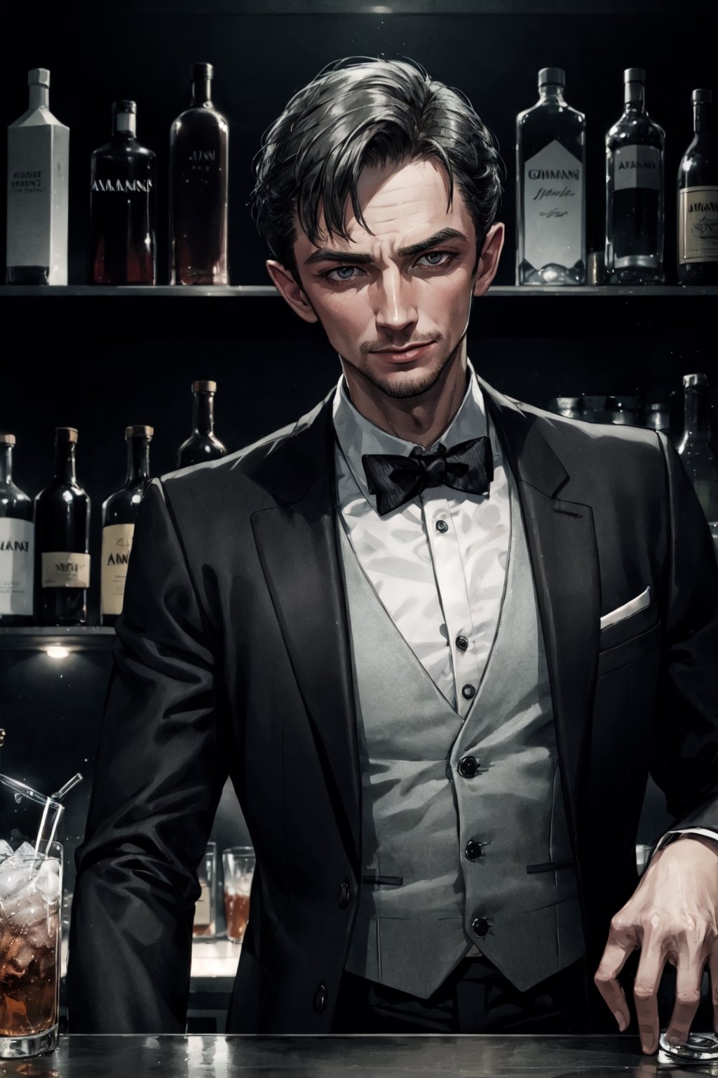 Young James Bond, armani suit, facial portrait, sexy stare, smirked, inside bar, having a drink, women, crowds, 