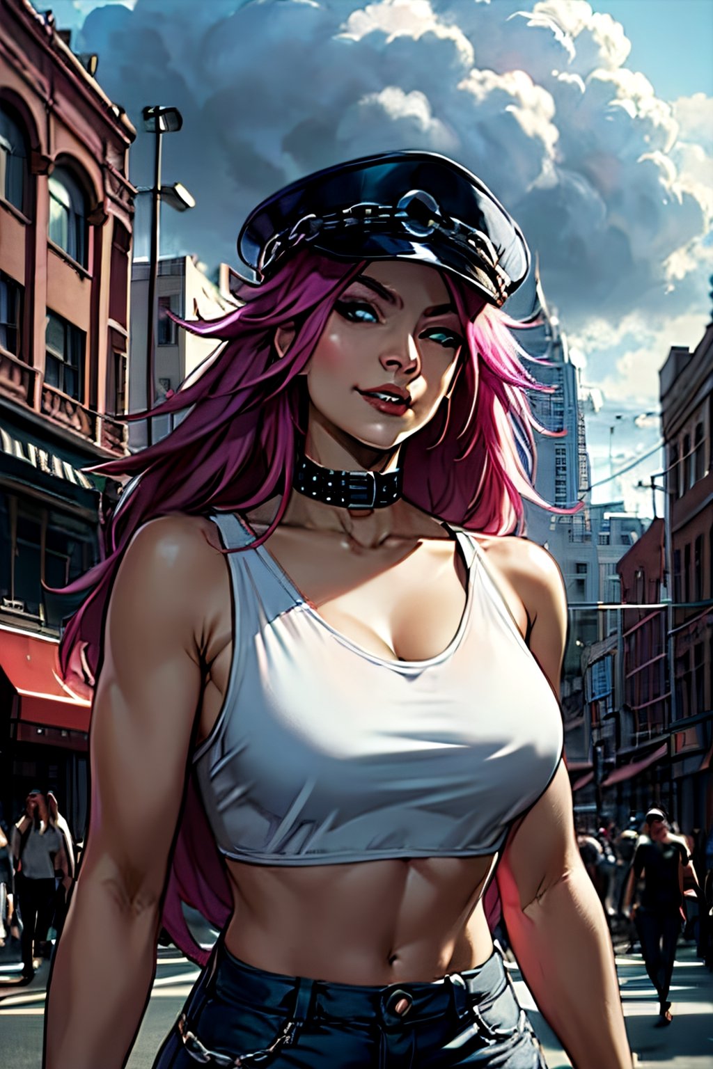 Poison (sf), facial portrait, sexy stare, smirked, walking through the streets, buildings, crowds, cars, cloudy sky, 