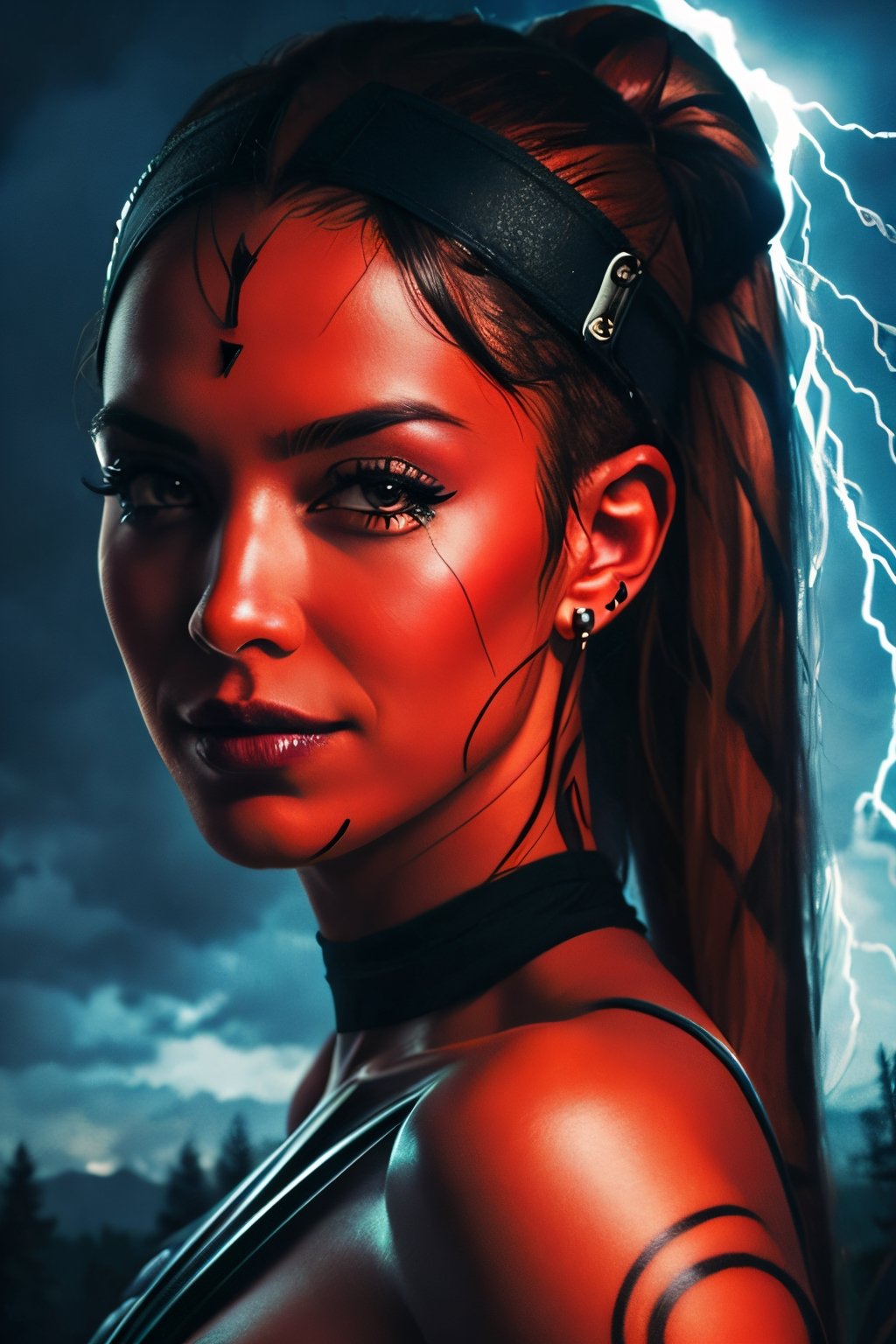 DarthTalon, facial portrait, sexy stare, smirked, dark forest, cloudy sky, lightning, 