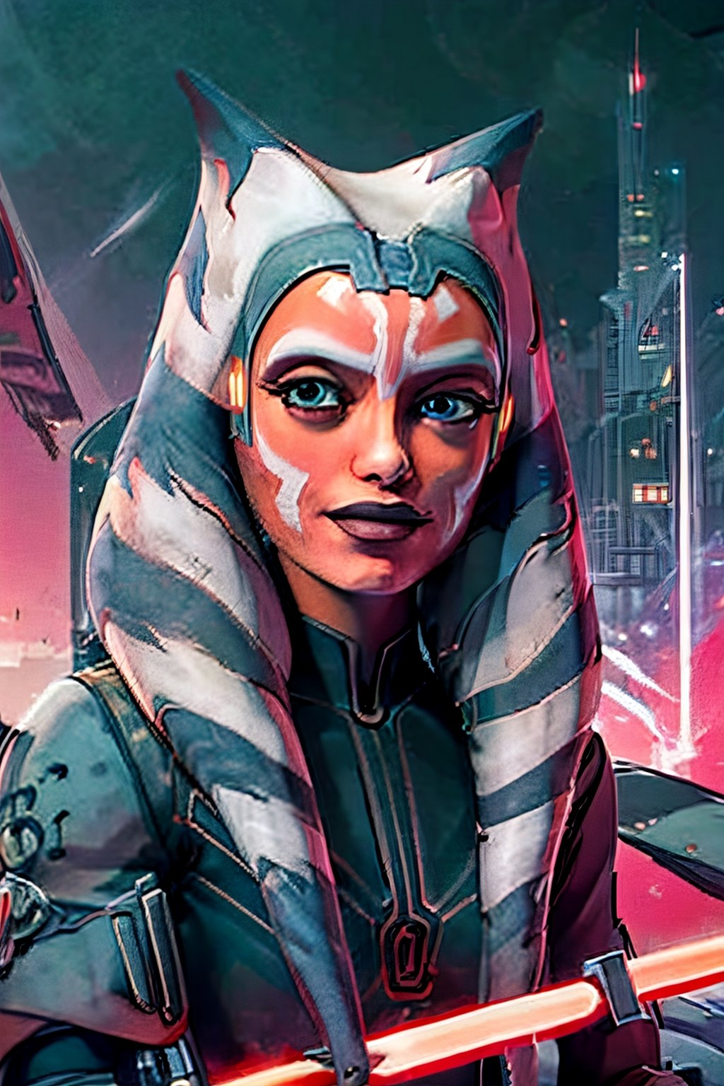 ahsokatano, facial portrait, sexy stare, smirked, futuristic city, cloudy sky, spaceships, light_saber, white, 