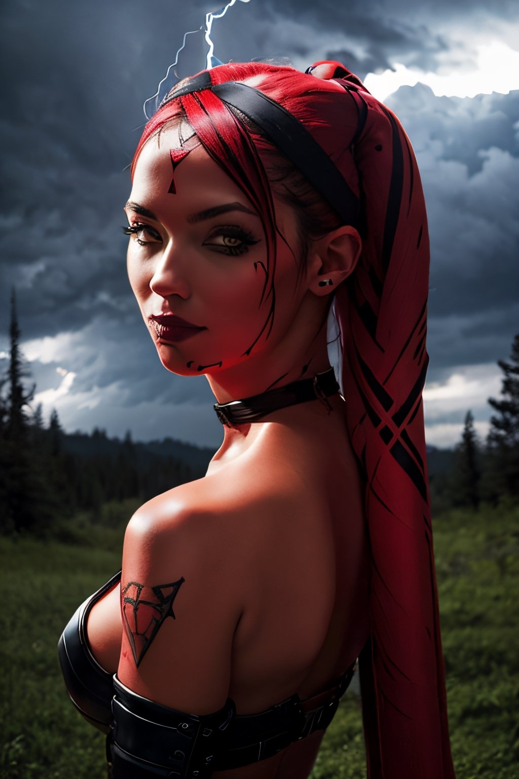 DarthTalon, facial portrait, sexy stare, smirked, dark forest, cloudy sky, lightning, butt shot 