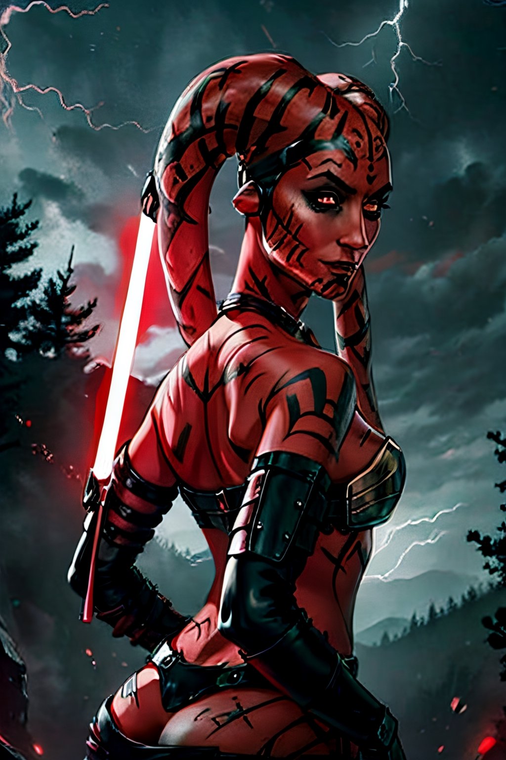 DarthTalon, facial portrait, sexy stare, smirked, dark forest, cloudy sky, lightning, ,Twilek, butt shot, red light saber on hand,