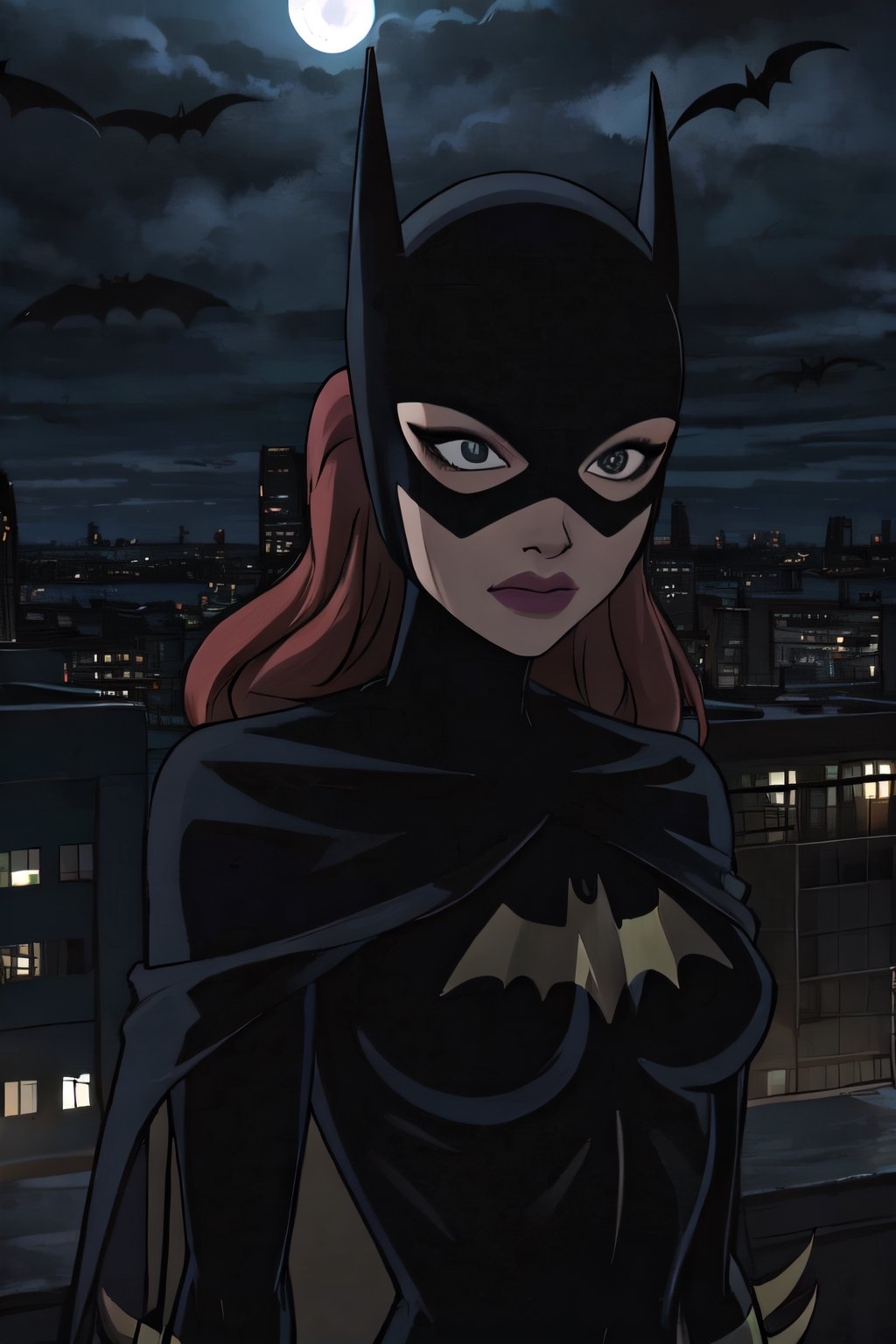 Batgirl, facial portrait, sexy stare, smirked, on top of building, city below, cloudy sky, lightning, full moon, bats flying 