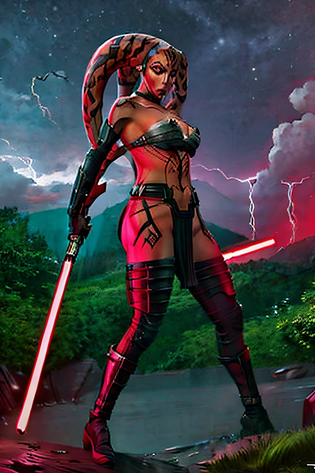 DarthTalon, facial portrait, sexy stare, smirked, full body, sexy pose, dark forest, cloudy sky, lightning, ,Twilek, butt shot ,Colored Skin, light_saber, red,