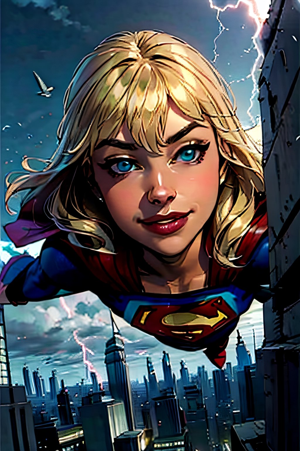 Supergirl,  facial portrait, sexy stare, smirked, flying through the sky, city below, cloudy sky, lightning, birds, planes, asteroids, 