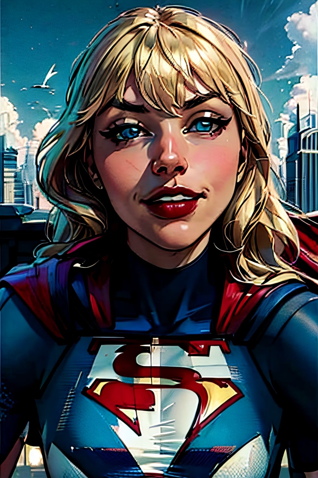 Supergirl,  facial portrait, sexy stare, smirked, flying through the sky, city below, cloudy sky, lightning, birds, planes, asteroids, 