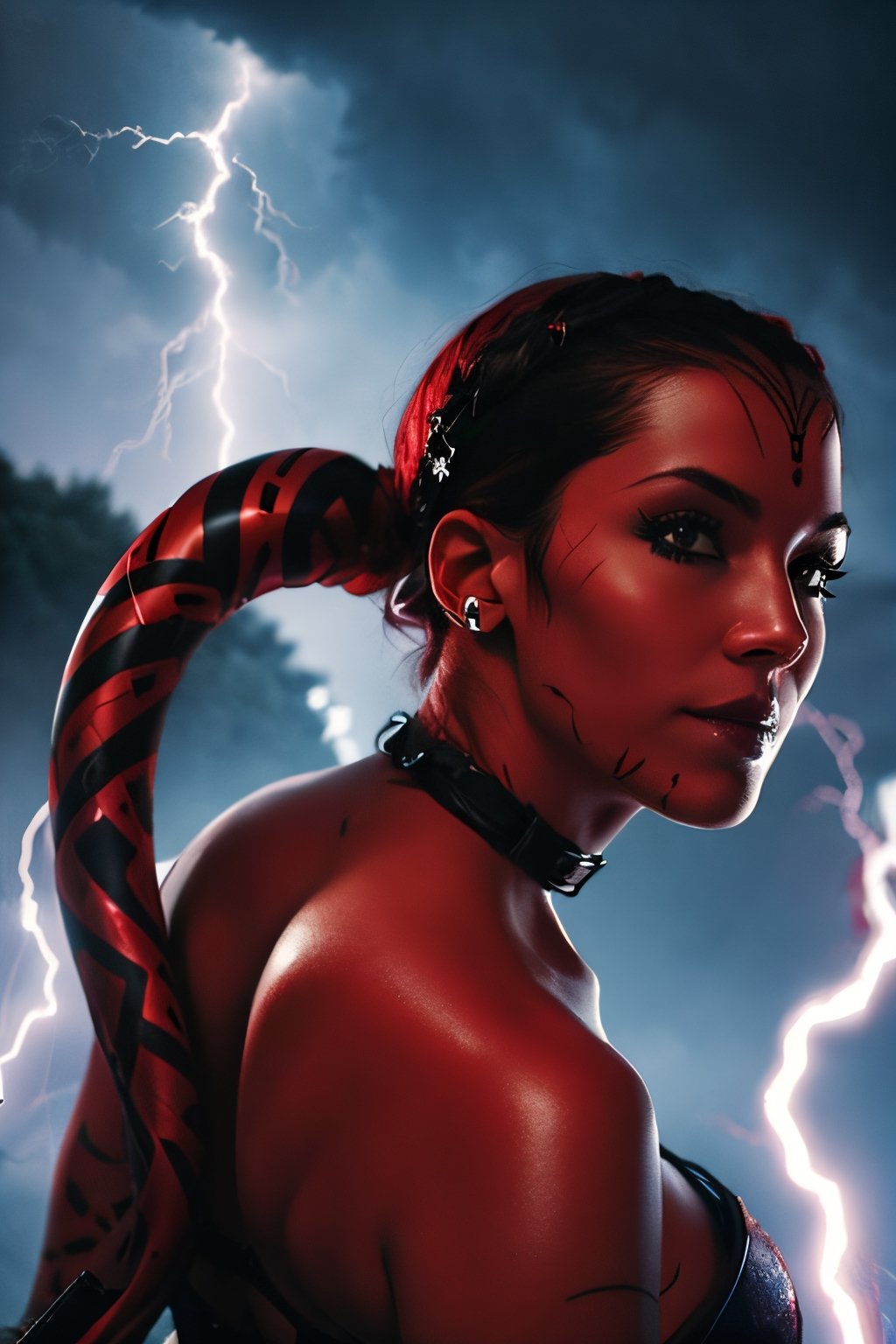 DarthTalon, facial portrait, sexy stare, smirked, dark forest, cloudy sky, lightning, butt shot 