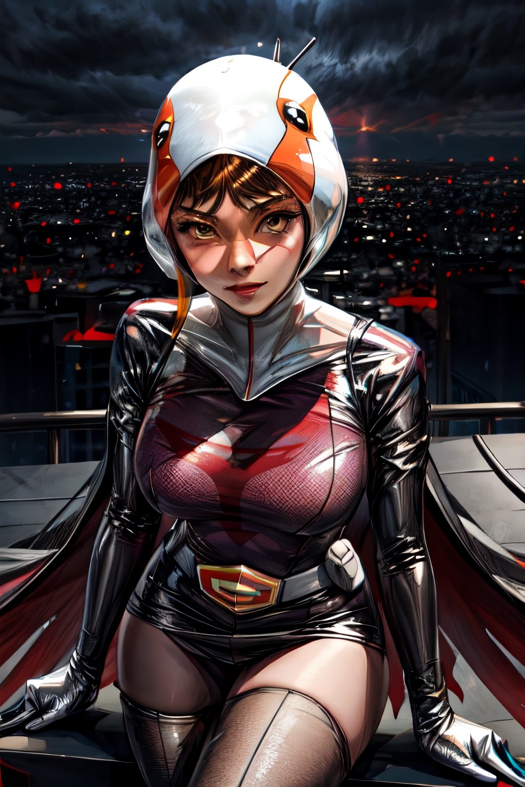 ANI_CLASSIC_jun_gatchaman_ownwaifu, facial portrait, sexy stare, sexy pose, on top of building, futuristic city, cloudy sky, Phoenix flying, lightning, 