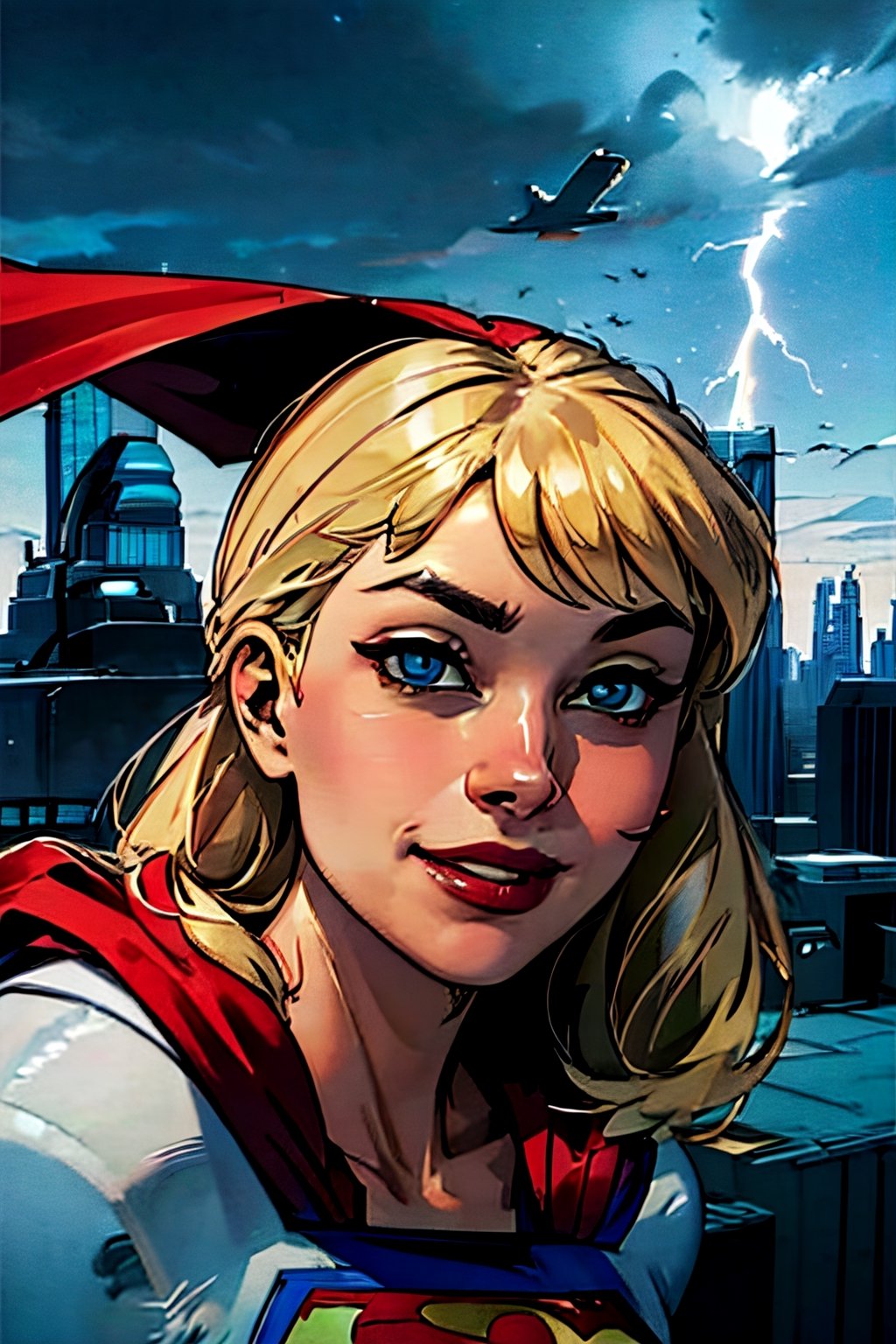 Supergirl,  facial portrait, sexy stare, smirked, flying through the sky, city below, cloudy sky, lightning, birds, planes, asteroids, 