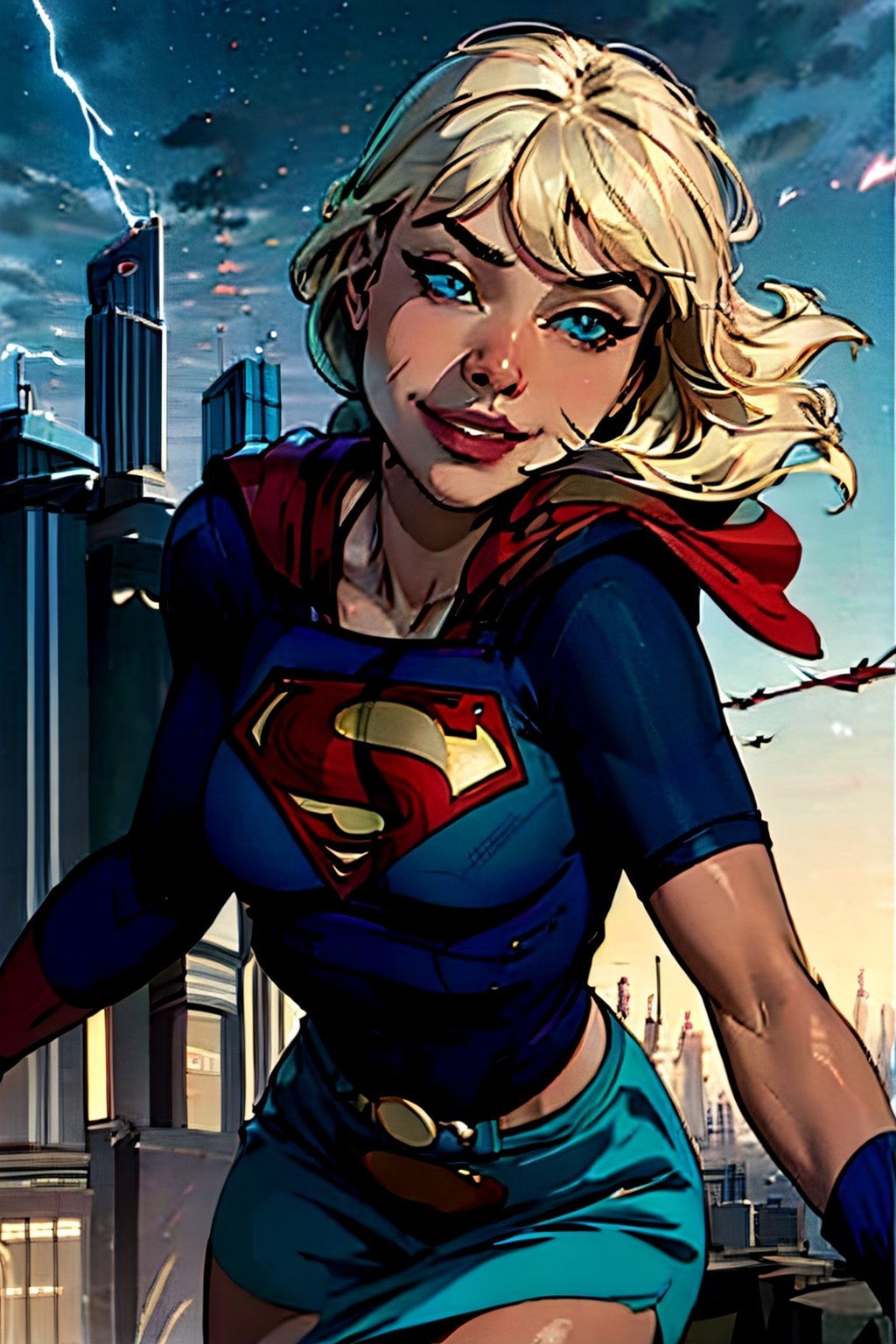 Supergirl,  facial portrait, sexy stare, smirked, flying through the sky, city below, cloudy sky, lightning, birds, planes, asteroids, butt shot 