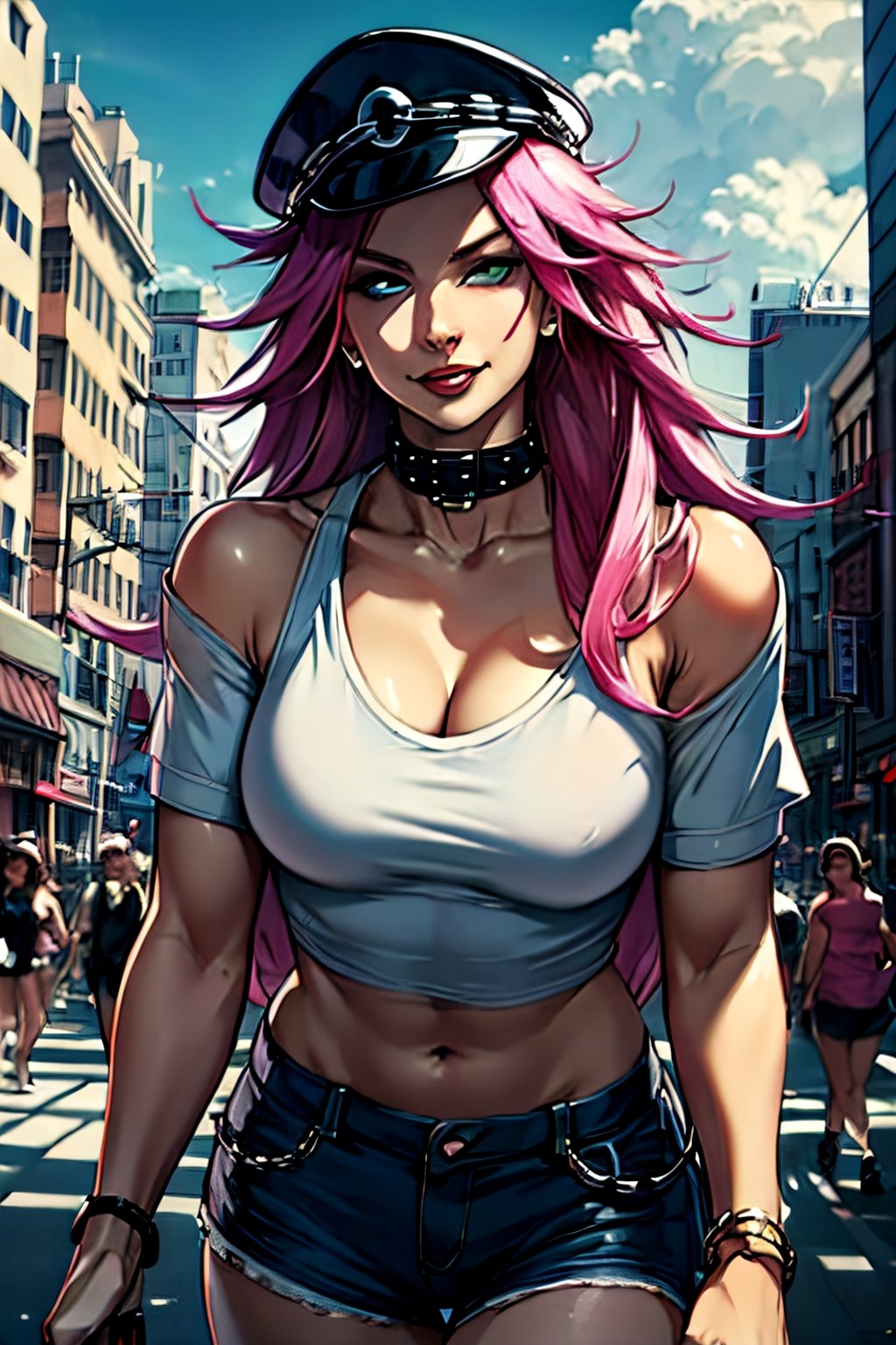 Poison (sf), facial portrait, sexy stare, smirked, walking through the streets, whip in hand, buildings, crowds, cars, cloudy sky, 