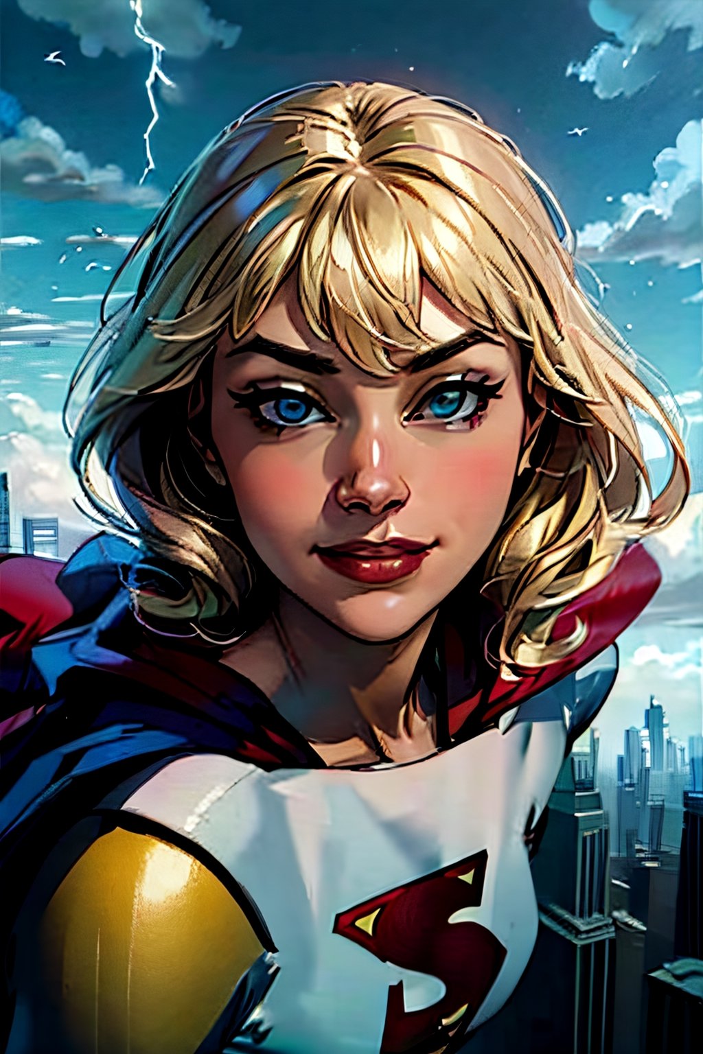 Supergirl,  facial portrait, sexy stare, smirked, flying through the sky, city below, cloudy sky, lightning, birds, planes, asteroids, 