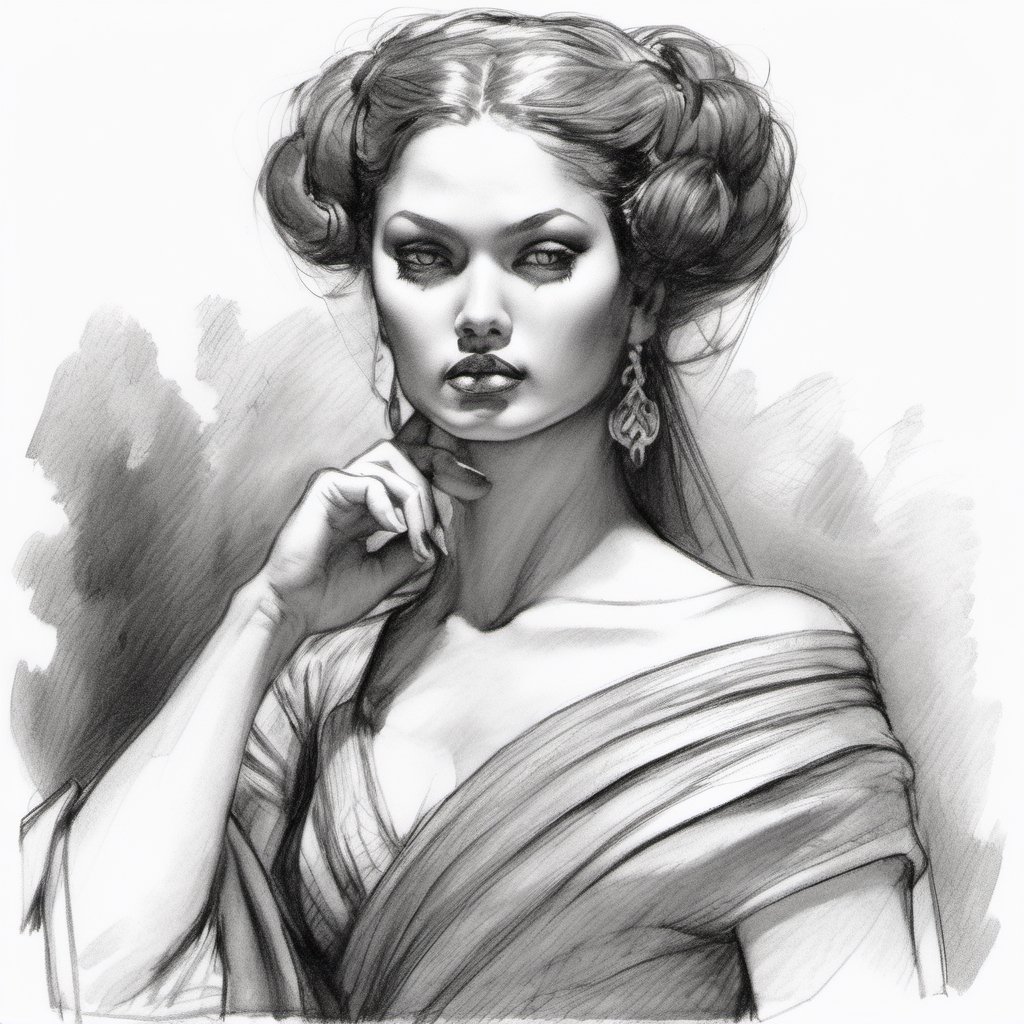 Sketch: "A charcoal sketch brings forth a mysterious mistress, her enigmatic beauty enticing yet intimidating; her sultry gaze and assertive gestures reveal her cunning nature, hinting at the secrets she holds.