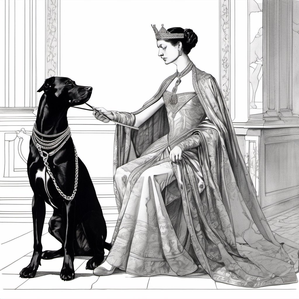 A delicate pencil line traces the outline of a domineering queen, her elegant posture exuding confidence, her slender fingers wrapped around a silver chain leading to her loyal dog collared companion; the subtle shading accentuates the contrast between their roles, while the loose strokes convey the tension between them.