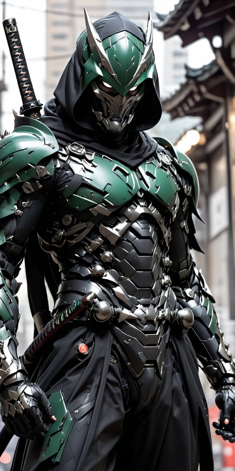 solo, 1boy, full body, weapon, male focus, armor, blurry,bodysuit , hood helm, blurry background, katana, sheath, sheathed, japanese armor, one knee, villain superhero, 2 weapon on back,  doctor doom
web print