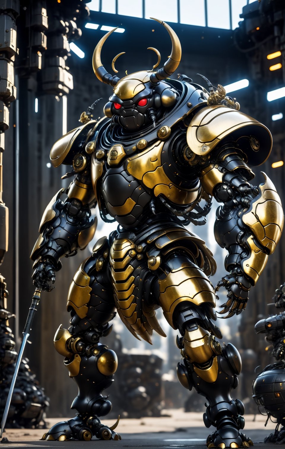 Angry AgileDung Beetle mecha robo soldier character,black armor, anthropomorphic figure, wearing futuristic soldier armor and weapons, reflection mapping, realistic figure, hyperdetailed, cinematic lighting photography, 32k uhd with a golden staff, roaring

By: panchovilla,mecha