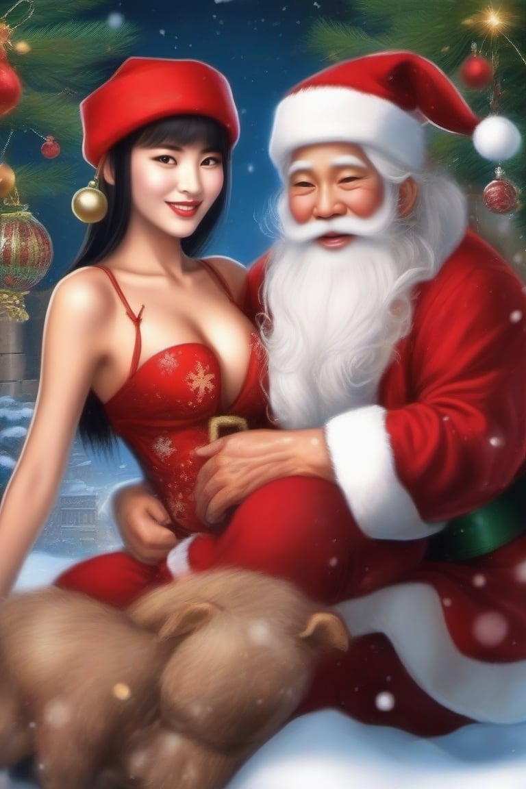 old santa claus with a sexy oriental girl with printed Merry Christmas