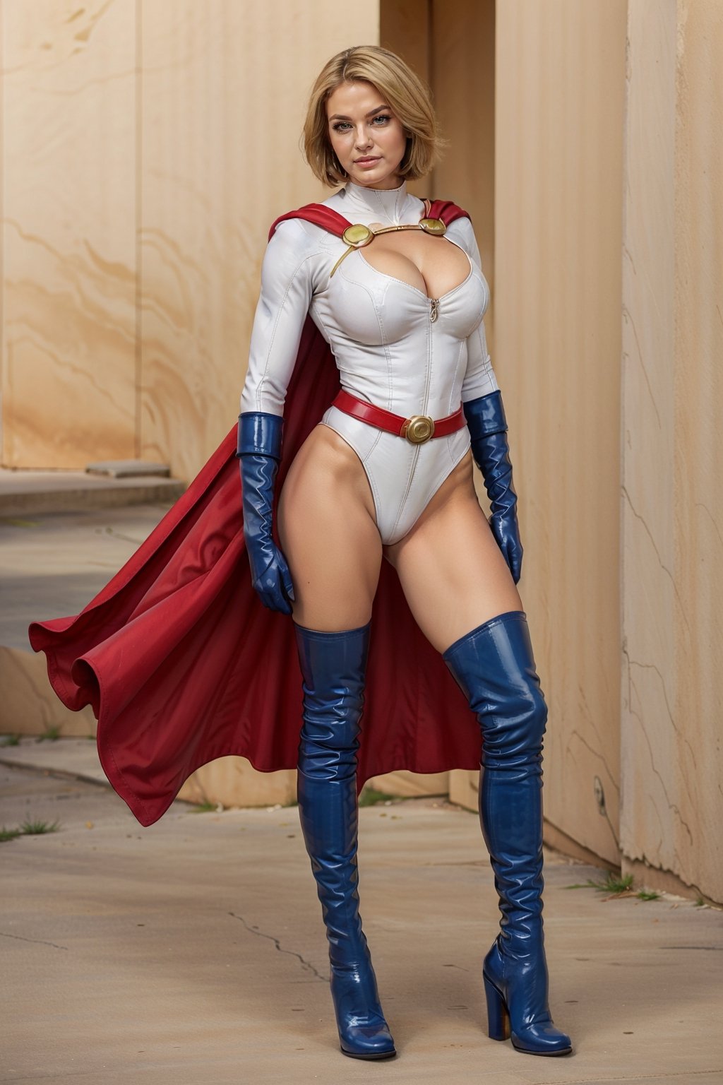 (Power girl:1.2), (power girl DC), (blonde hair), (bob cut), white latex, (elbow length gloves:1.2), cleavage, skin tight, (leotard), (cleavage hole), (cleavage circle), (boob window), (white latex), shiny, (green boots:1.2), (high-heel boots), (thigh high boots), (white leotard), (blue gloves:1.2), (red cape), (sash cape), (blue boots), (red belt:1.2), (Gigantic breasts), (gigantic cleavage), (muscular woman:1.2), (gigantic breasts), (huge breasts), high detail, long legs, (Gigantic breasts), (Massive breasts), (muscular woman:1.2), huge breasts, high detail, long legs, (athletic woman), (very tiny waist:1.4), Beautiful detailed face, best quality, (layered hair), tiny waist, firm lips, full lips, thin waist, Big breasts, sanpaku eyes, high resolution, high quality, Hair over eyes, ,powergirl