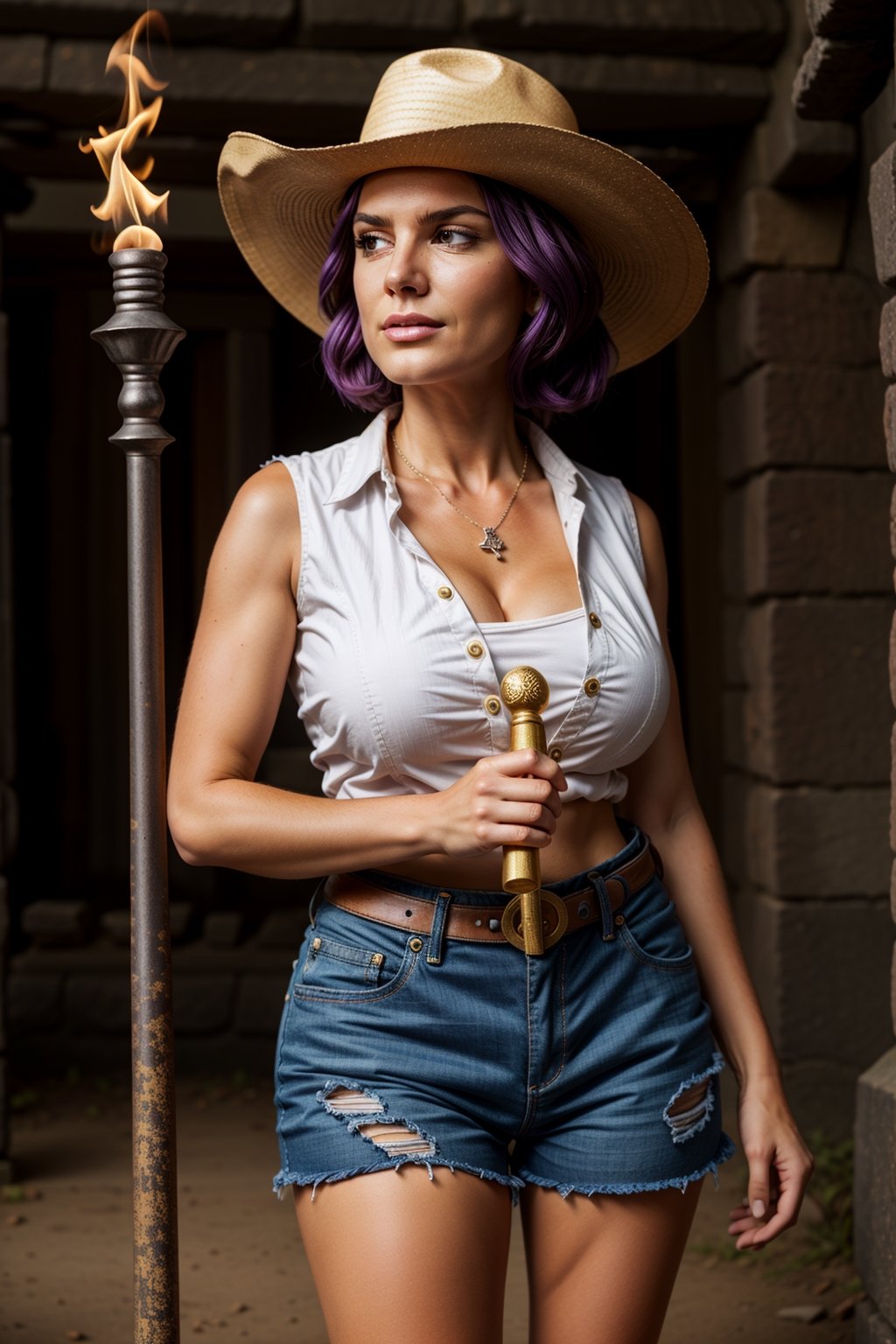 Cowboy shot, (masterpiece, high quality, illustration) Wide angle, Inside a dark ancient Aztec temple, 1girl, mature female, (huge breasts), sagging breasts, purple hair, perfectly explained hands,perfect fingers, plump, wide hips, thick thighs, (taut_clothes), sleeveless white button shirt, taut buttons, tucked_in_shirt, cleavage, bursting_breasts, brown shorts, skindentation, holding up one large wooden torch, (Indiana Jones Hat), covered in dirt, concerned