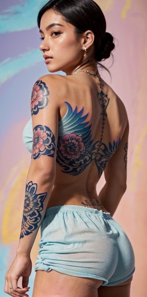 (1girl:1.2, body covered in tattoo, words on body:1.1, tattoos of (words) on body:1.2), (masterpiece:1.4, best quality), big breasts, unity 8k wallpaper, ultra detailed, (pastel colors:1.3), alluring pose, upper body, ass, beautiful and aesthetic, see-through (clothes), detailed, solo