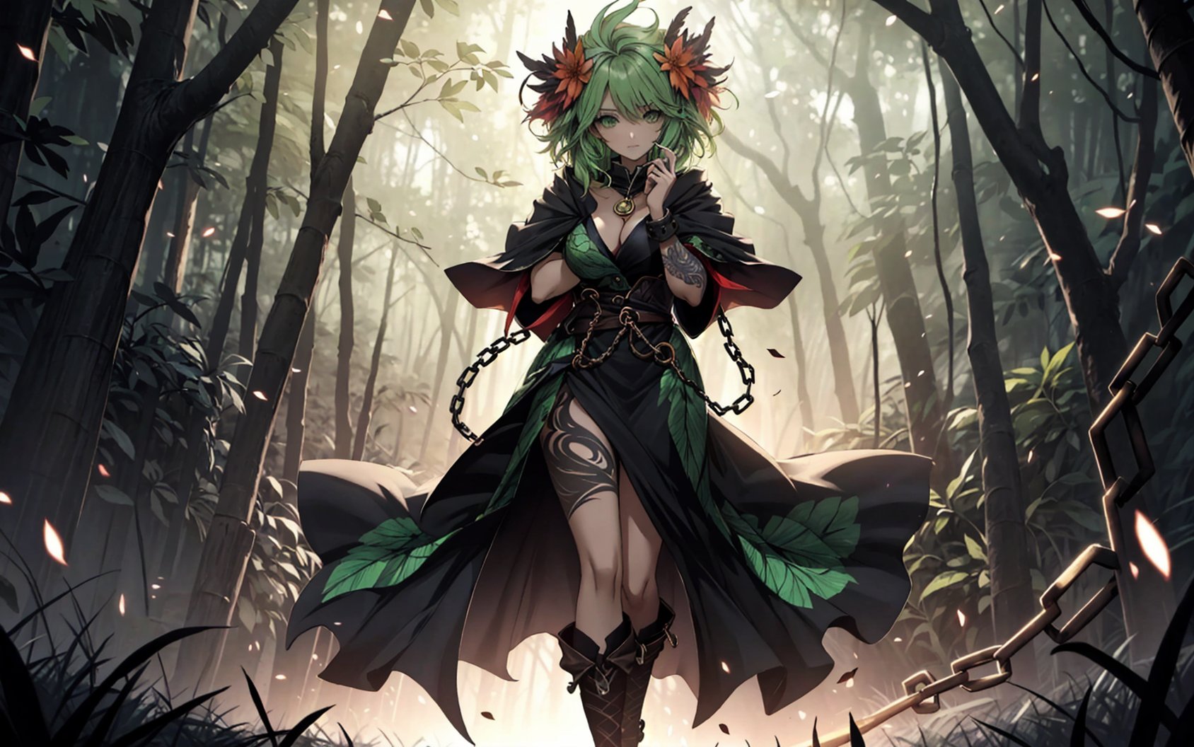 A voluptuous peacful woman, vibrant green eyes, looking towards the viewer, very messy hair, flowing emerald green hair, very long hair, very loose hair, only 2 hands with 5 fingers on each hand, only 2 legs with 5 fingers on each leg, dirty body, alone, snake tattoos all over the body, walking, outdoors, night, dark night forest, chains all over the body, rusty chains, broken chains, many chains, Green flowers, coiling serpent pendant graces her neck, shimmering leaves cloak, gown adorned with leaf patterns

 (extremely detailed CG unity 8k wallpaper), (masterpiece), (best quality), (ultra-detailed), (best illustration),(best shadow), (an extremely delicate and beautiful), fine detail, (bloom), (shine),  Beautiful, detailed eyes, (waifu, anime, exceptional, best aesthetic, new, newest, best quality, masterpiece, extremely detailed)