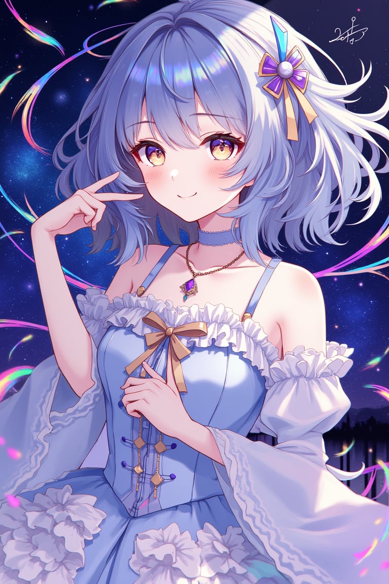 A girl with a dreamy smile, her hair waving in random blue and gold gradations, and wearing a dress with frills that sparkle like crystals. A rainbow-colored light effect spreads around her, and a fantastic night view of the starry sky spreads out in the background. The camera angle has a soft lens effect, and her figure appears vaguely, as if in a dream. The edges of the screen are decorated with twining ribbons of light. ,acryli painting,Anime style,1girl_Anime